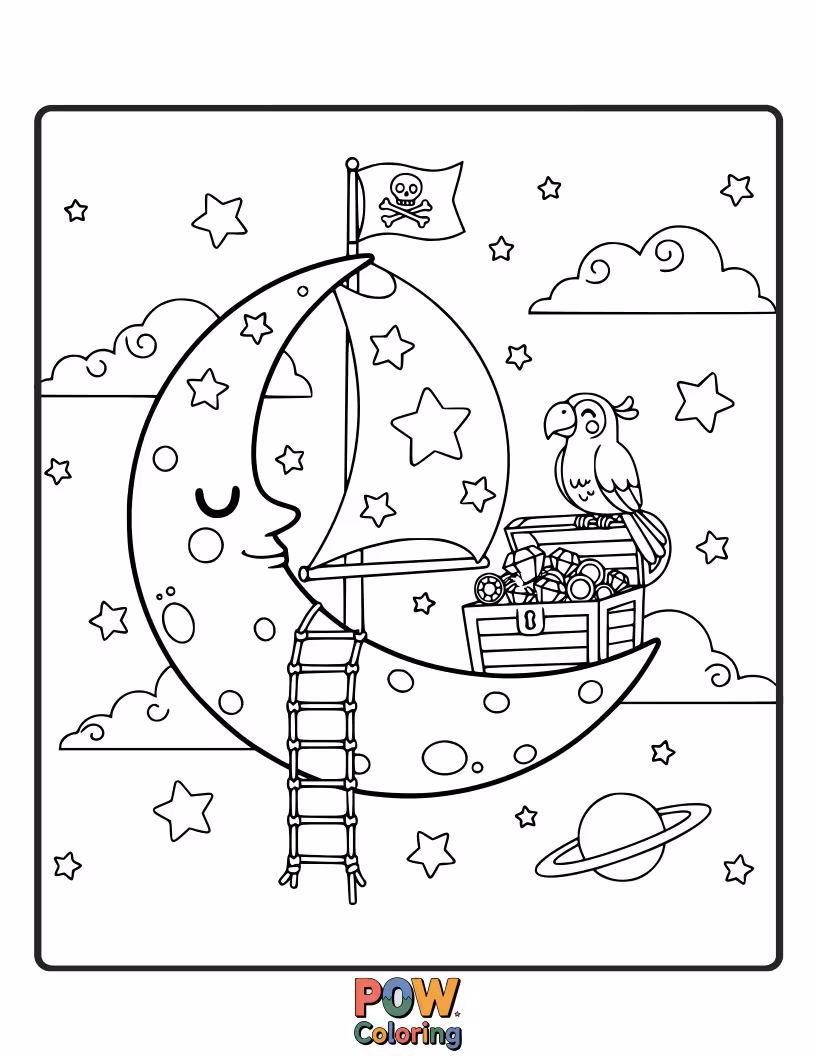 Free coloring page of A pirate ship sailing towards a treasure chest overflowing with moon-shaped gold coins. An adventurous quest!