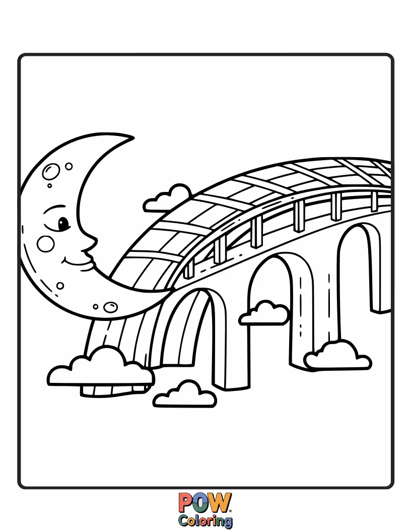 Free coloring page of A vibrant rainbow arching gracefully over a happy, smiling moon. Connecting dreams with a splash of color.