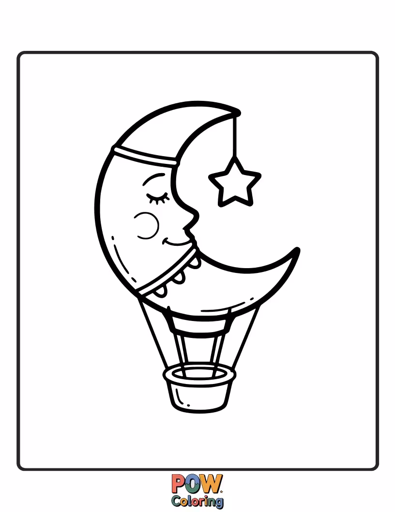 Free coloring page of A child holding a balloon shaped like a smiling moon, floating up towards a sky full of stars. Joyful ascension.