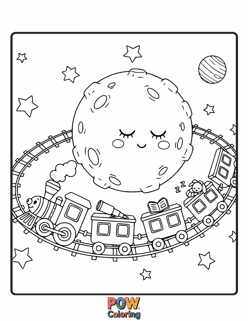 Free coloring page of A whimsical train, with a moon for a headlight, chugging along a starry track. Travel through the cosmos.