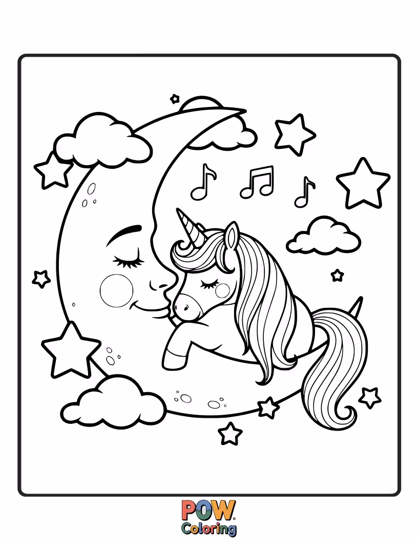 Free coloring page of A majestic unicorn resting on a soft, fluffy cloud beneath a serene, radiant moon. Experience magical, ethereal beauty.