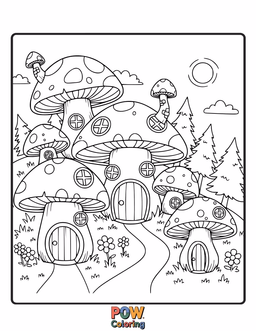 Free coloring page of A cluster of adorable mushroom houses with little doors and windows, nestled amongst mossy ground. A tiny fairy settlement.