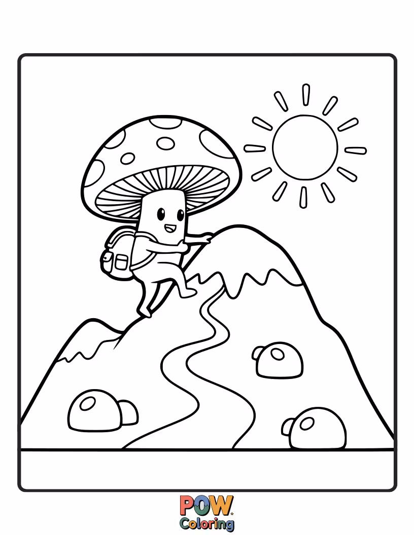 Free coloring page of A cheerful mushroom scaling a mini rock-climbing wall adorned with dew drops, its cap acting as a helmet.