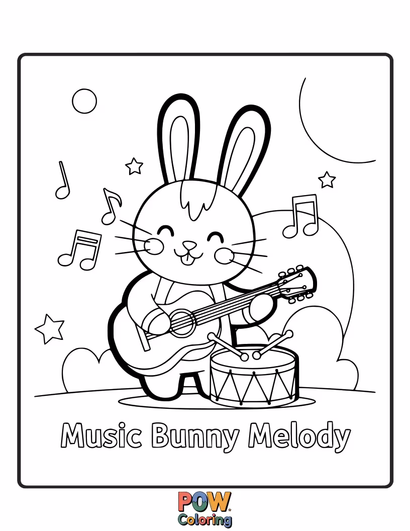 Free coloring page of A musical bunny plays a tiny instrument, surrounded by cheerful musical notes, filling the air with joy.