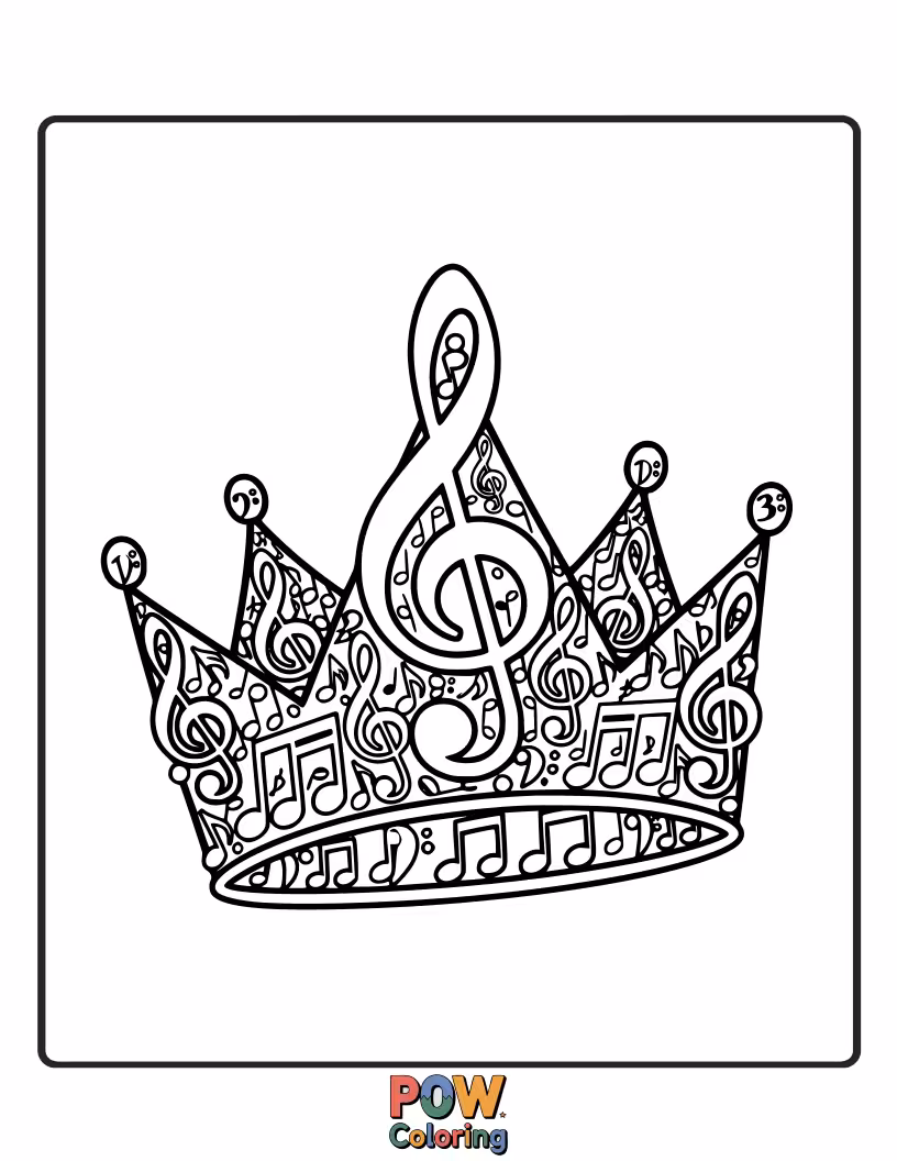 Free coloring page of A harmonious crown composed of flowing musical notes and clefs, perfect for aspiring musicians.