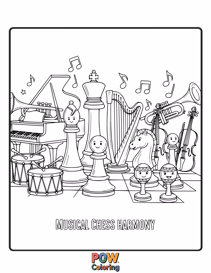 Free coloring page of Chess pieces shaped like musical notes, creating a symphony of strategy on a grand piano keyboard board.