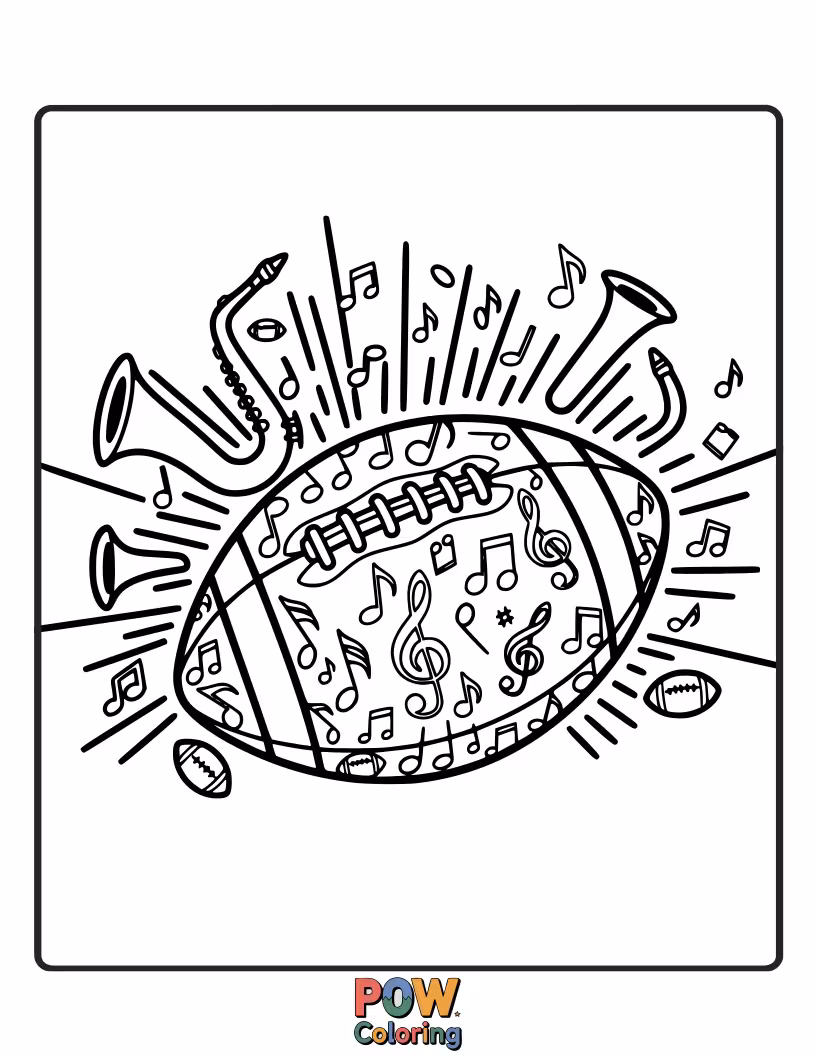 Free coloring page of A football with musical notes dancing around it, perhaps playing a melody. Harmonious and vibrant.
