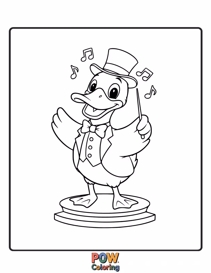 Free coloring page of This talented duck is conducting an orchestra of other animals with a baton.