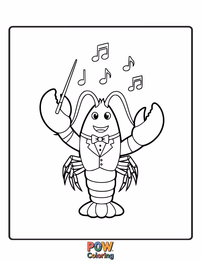 Free coloring page of A talented lobster playing a tiny violin with passion, surrounded by musical notes floating in the water.