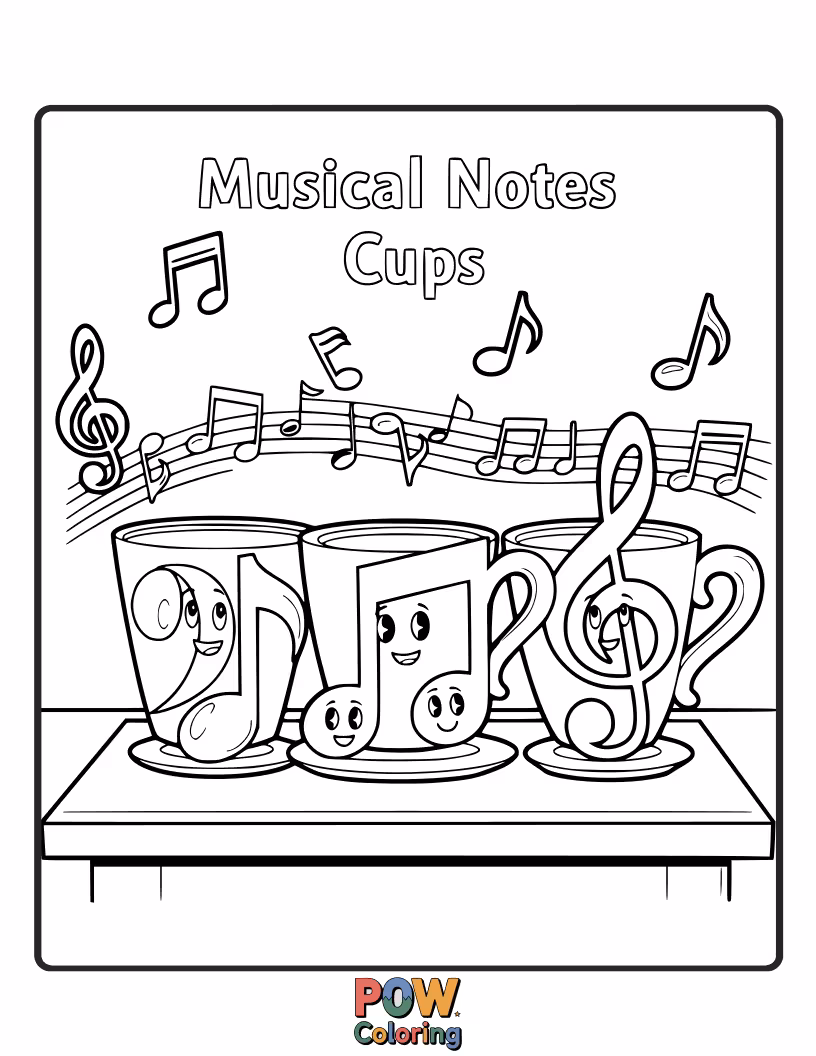 Free coloring page of Cups filled with musical notes, creating a symphony of color and sound. A treat for the eyes and ears!