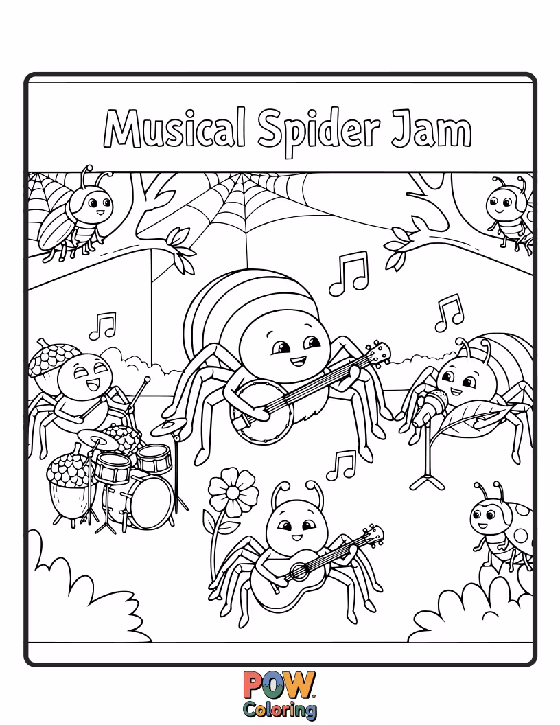Free coloring page of A cool spider playing a miniature guitar, surrounded by musical notes. Encourages creative expression through music and color.