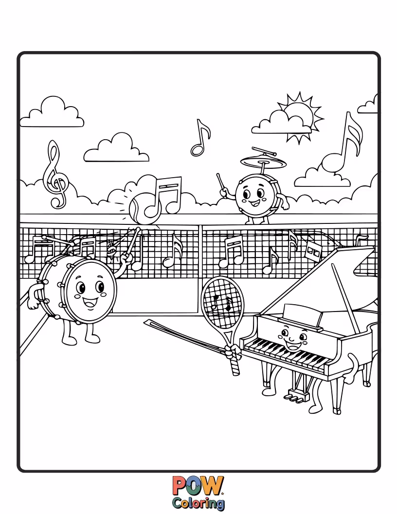 Free coloring page of A lively tennis match where musical notes float around the court, and players are dancing as they play.
