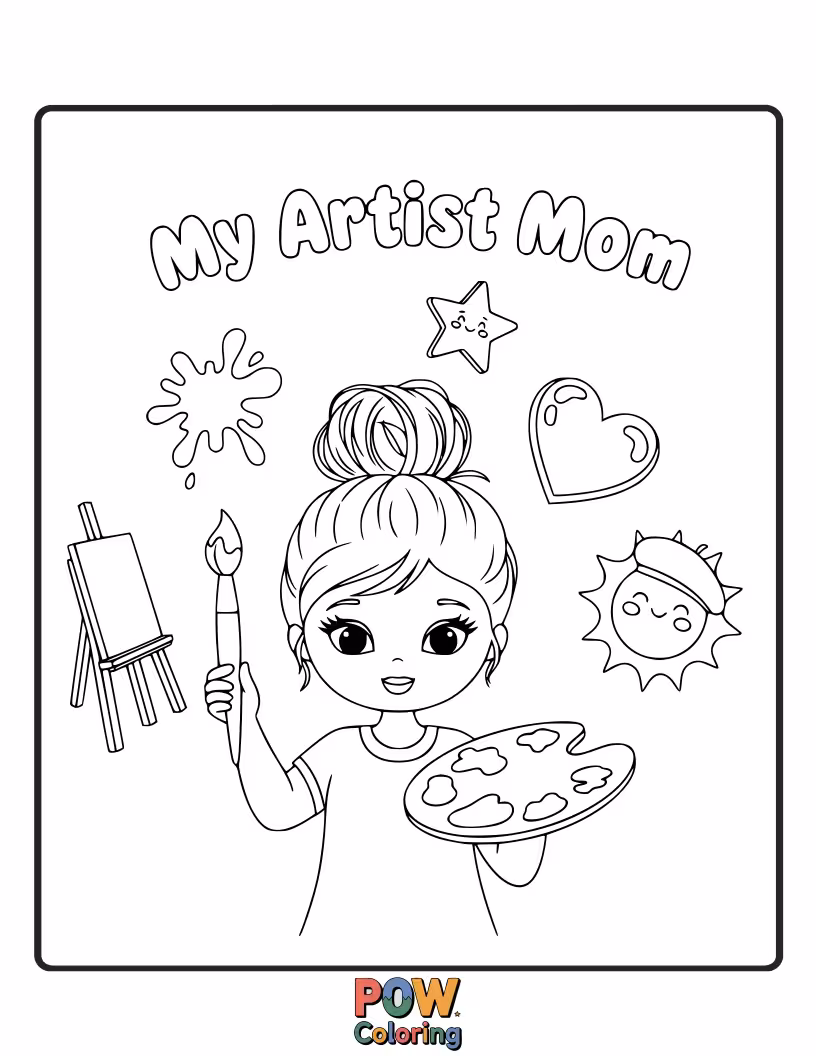 Free coloring page of A mom holding a paintbrush and palette, with a canvas in front of her, creating a masterpiece. Celebrates her creative spirit.