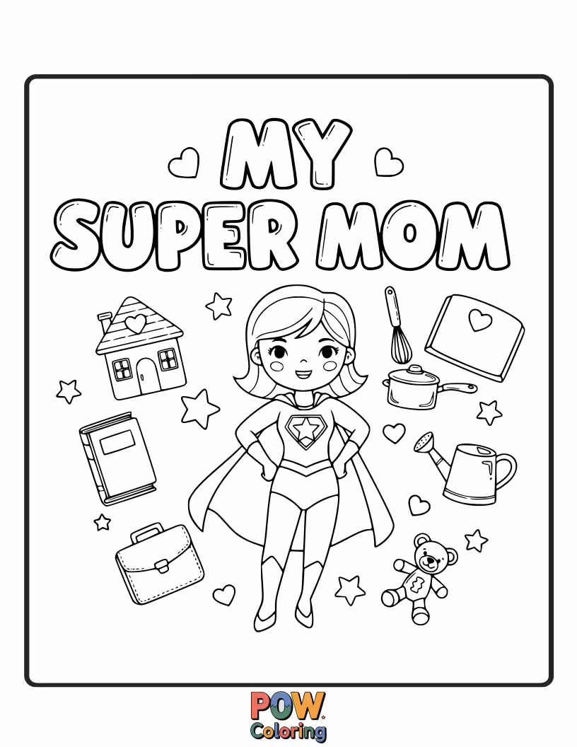 Free coloring page of A mom superhero with a cape and a heart symbol, flying high with her child looking up in admiration. Celebrates her amazing powers.