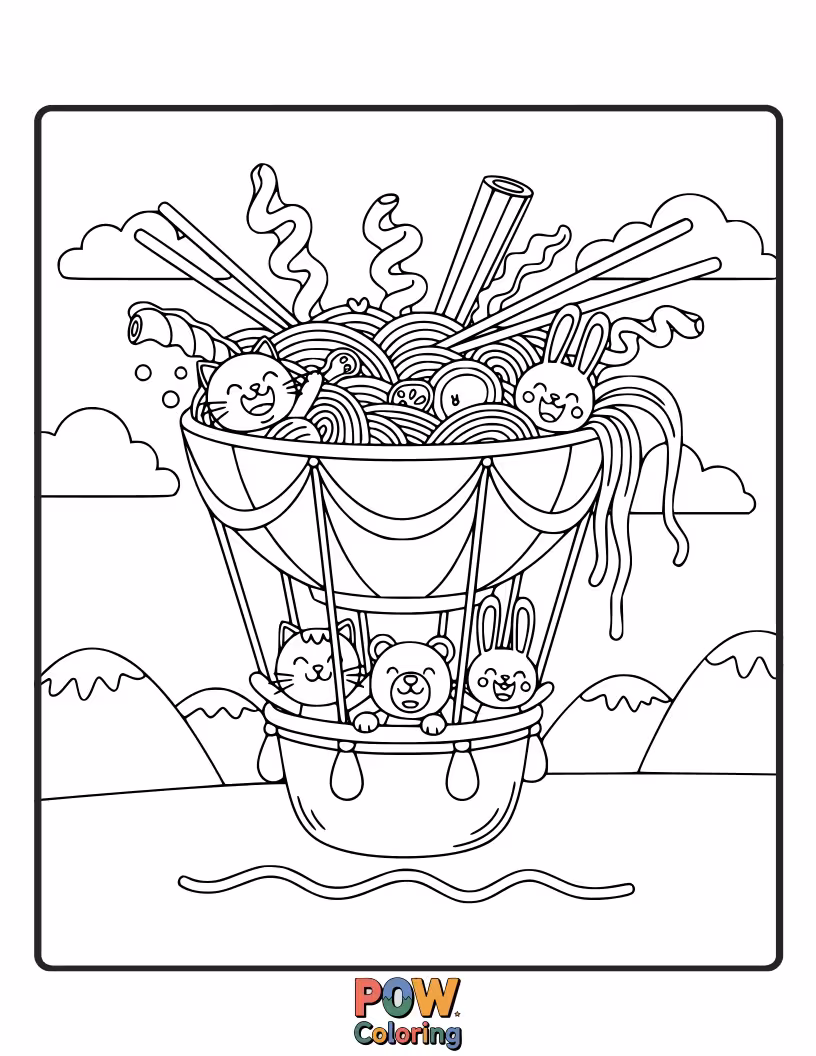 Free coloring page of Playful noodles float through the sky in a giant bunch of colorful balloons, enjoying a breathtaking aerial view.