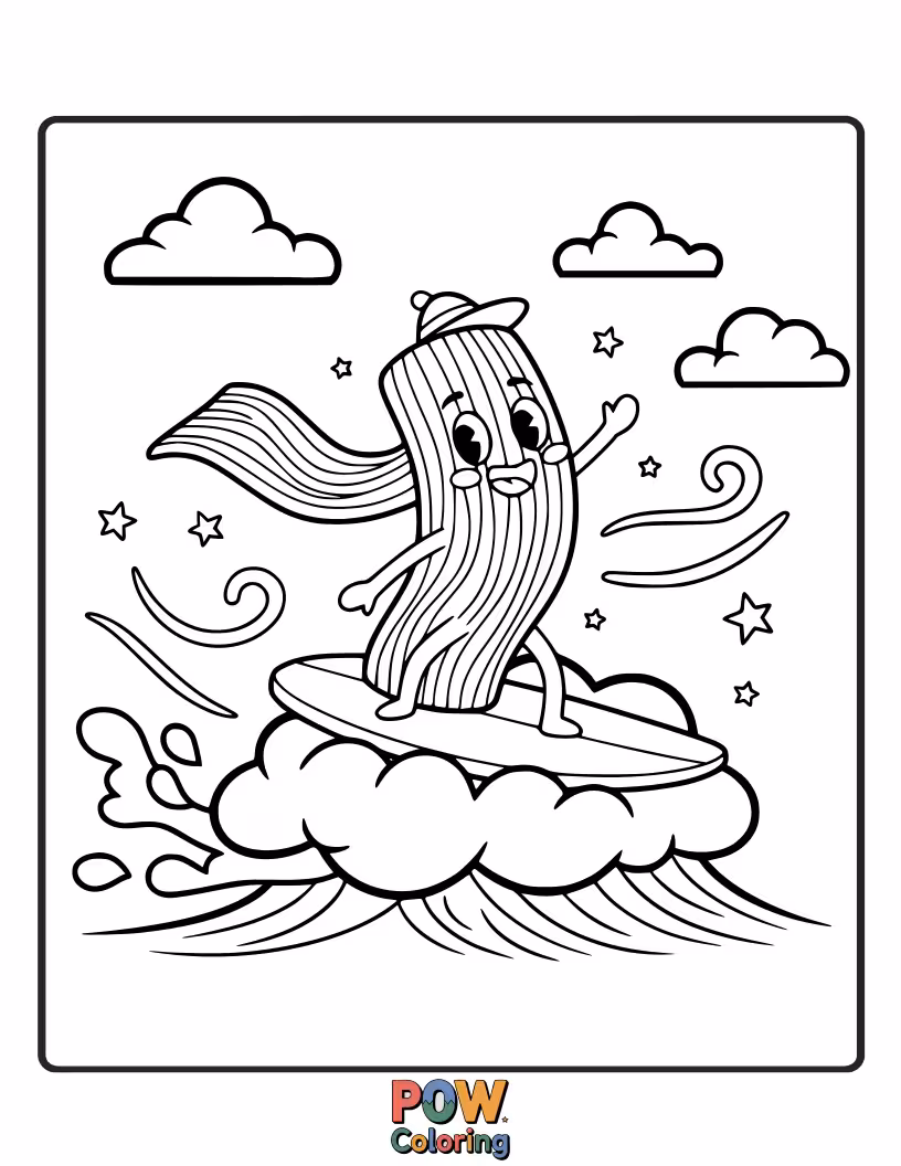 Free coloring page of Silly noodles gracefully surf on fluffy clouds, leaving trails of rainbow sprinkles as they ride the sky.