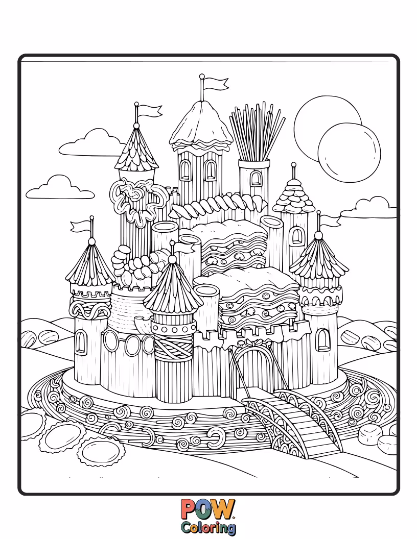 Free coloring page of Magical noodles live in a charming fairy tale castle, surrounded by sparkling dust and whimsical woodland creatures.