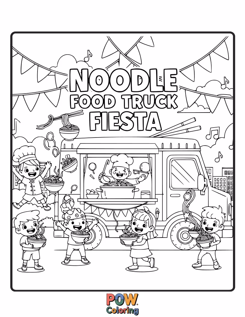 Free coloring page of A vibrant noodle food truck serves up delicious pasta dishes, with happy noodles as the chefs and customers.