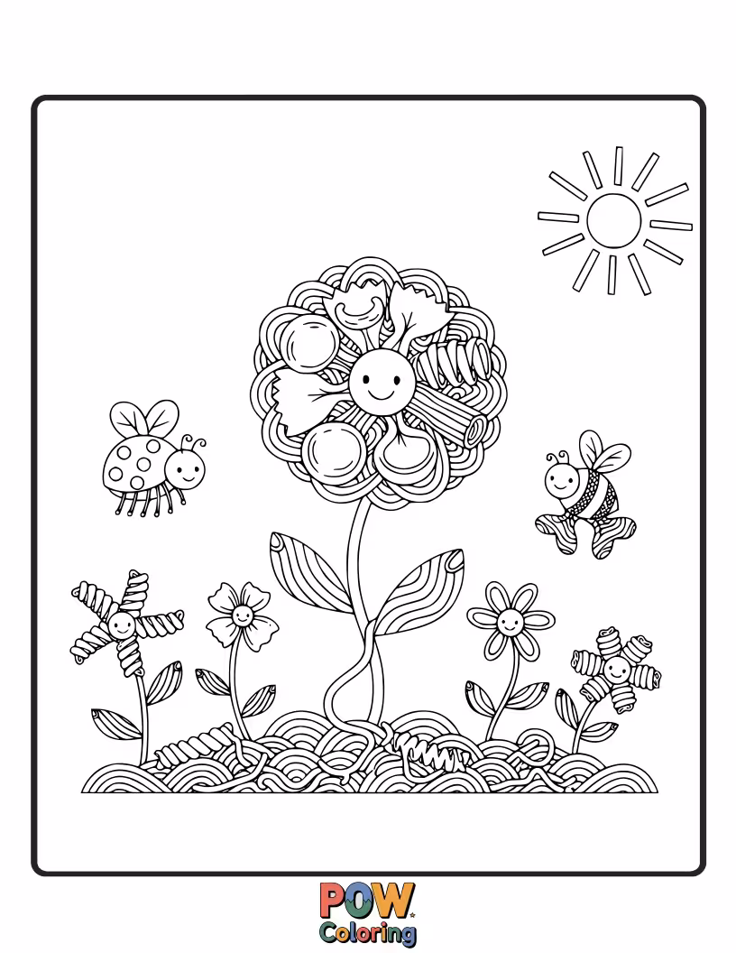 Free coloring page of Noodles sprout from the earth like vibrant flowers, surrounded by whimsical butterflies and buzzing bees in a magical garden.
