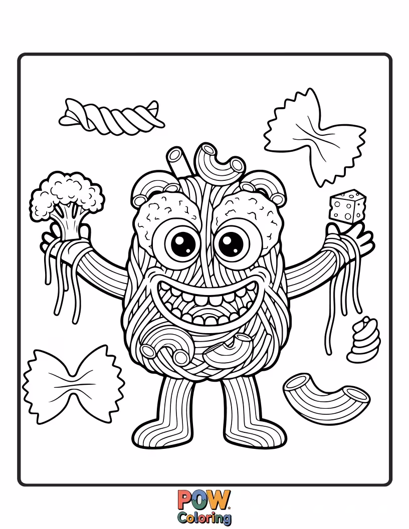 Free coloring page of Cute, friendly noodle monsters with big smiles playfully munch on giant meatballs and other tasty pasta dishes.