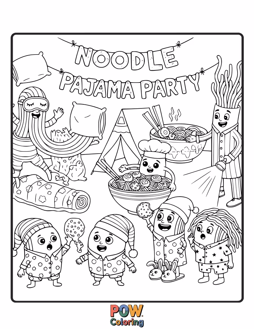 Free coloring page of Cozy noodles have a fun pajama party, complete with popcorn, sleeping bags, and silly stories under a starry sky.