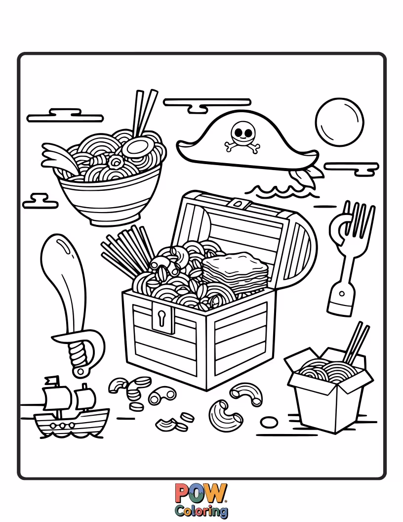 Free coloring page of Adventurous noodles navigate a pirate ship, searching for buried treasure chests filled with golden pasta coins.