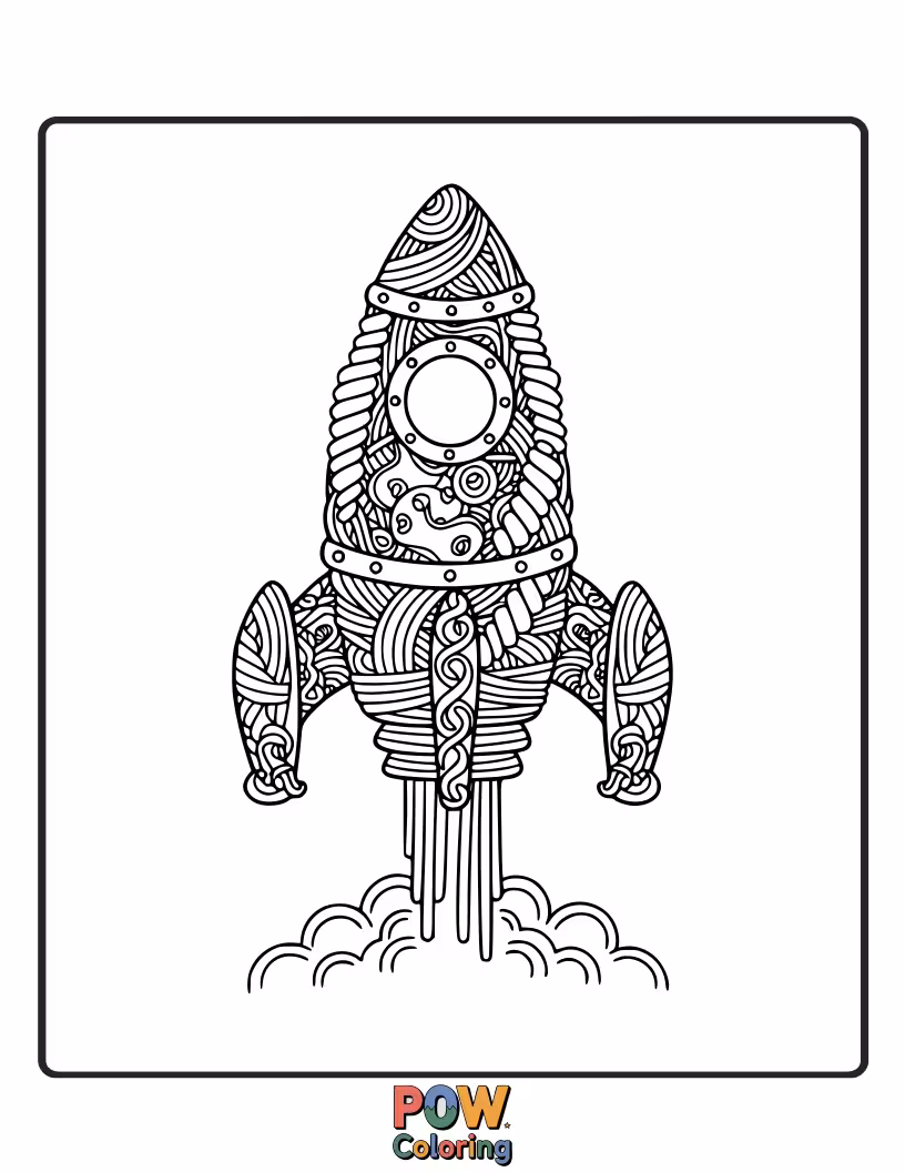 Free coloring page of A determined noodle pilot soars through space in a pasta-powered rocket ship, heading towards a galaxy of flavors.