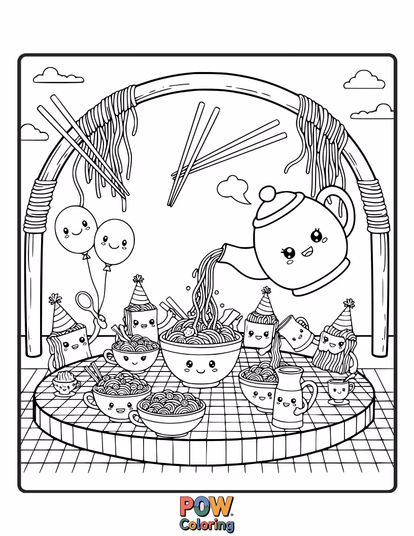 Free coloring page of Elegant noodles host a charming tea party with tiny teacups and delicious pastries, sharing sweet conversation and treats.