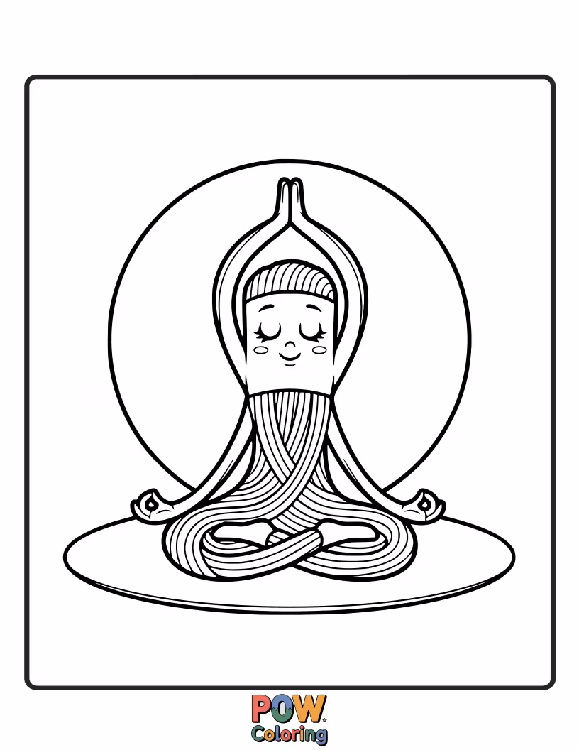 Free coloring page of Peaceful noodles strike elegant yoga poses, finding their inner calm amidst a serene, nature-inspired setting.