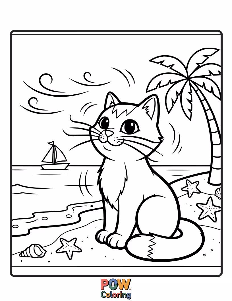 Free coloring page of A fluffy cat wearing a sailor hat, blissfully napping under a striped beach umbrella by the sea.