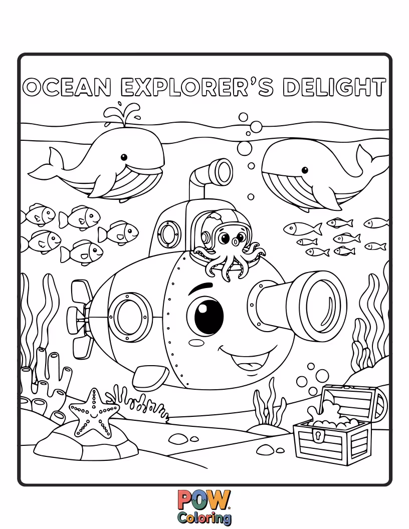 Free coloring page of A curious little fish with a tiny magnifying glass exploring a sunken ship. Adventure and discovery in every detail.