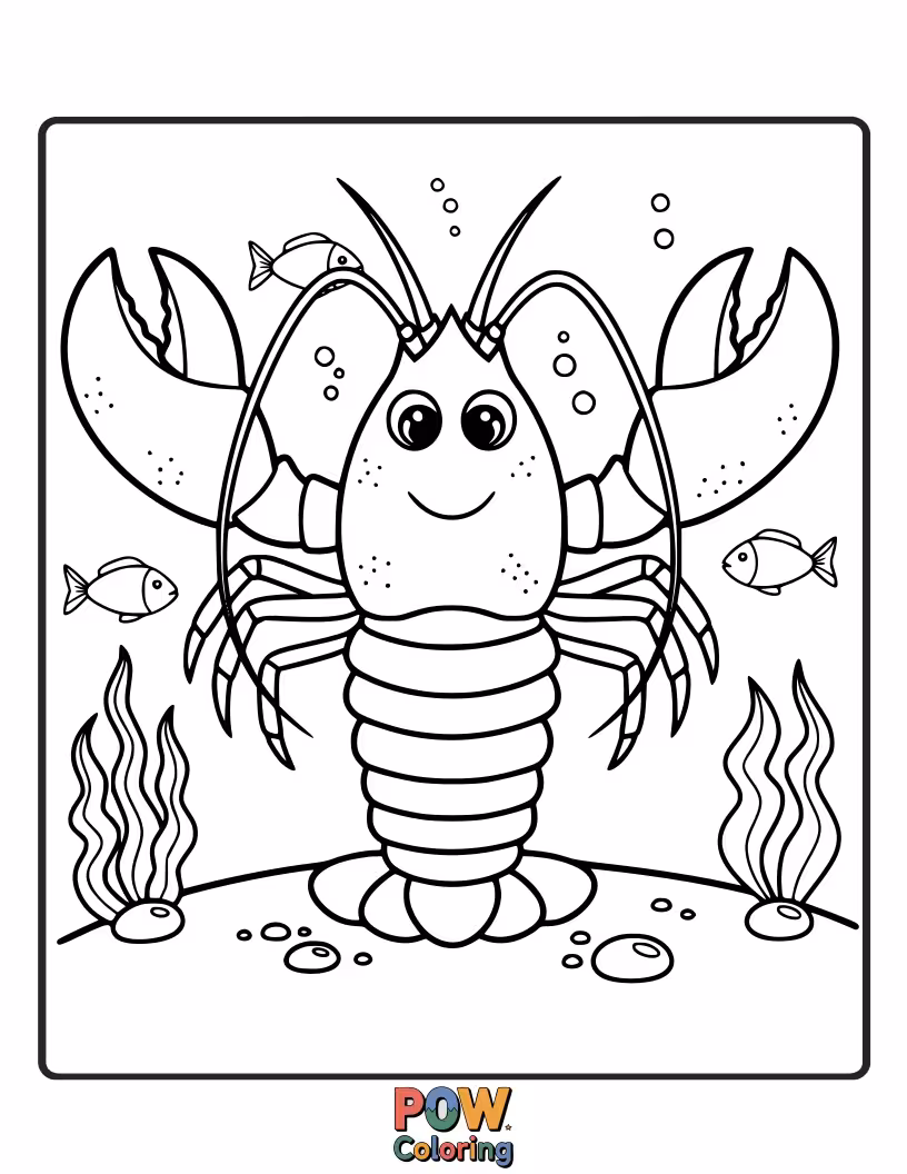 Free coloring page of A majestic and friendly giant lobster interacting gently with tiny, amazed fish and colorful coral formations.