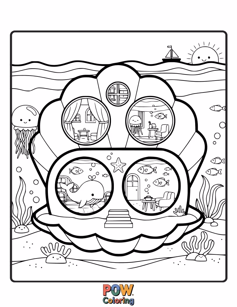 Free coloring page of A charming beach house with seashells scattered on the sand, and a lighthouse in the distance. Salty air vibes!