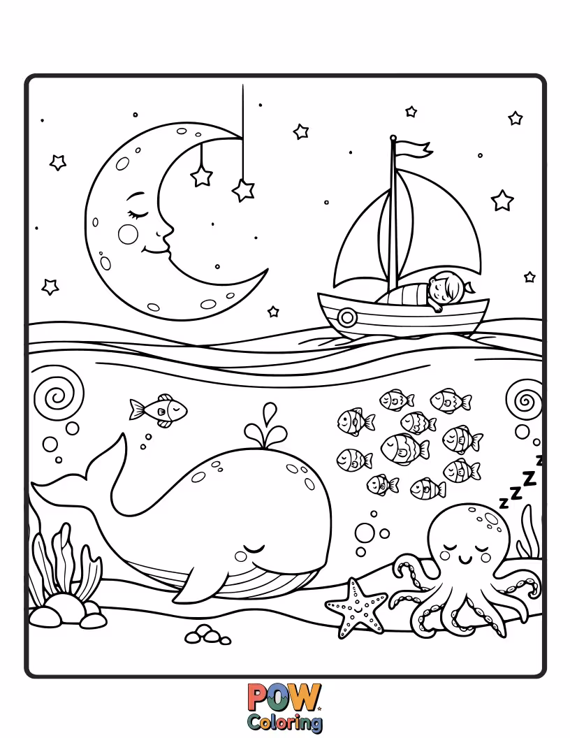 Free coloring page of A sleepy whale calf nestled beside its mother, surrounded by gentle currents and peaceful sea creatures. Serene underwater slumber.
