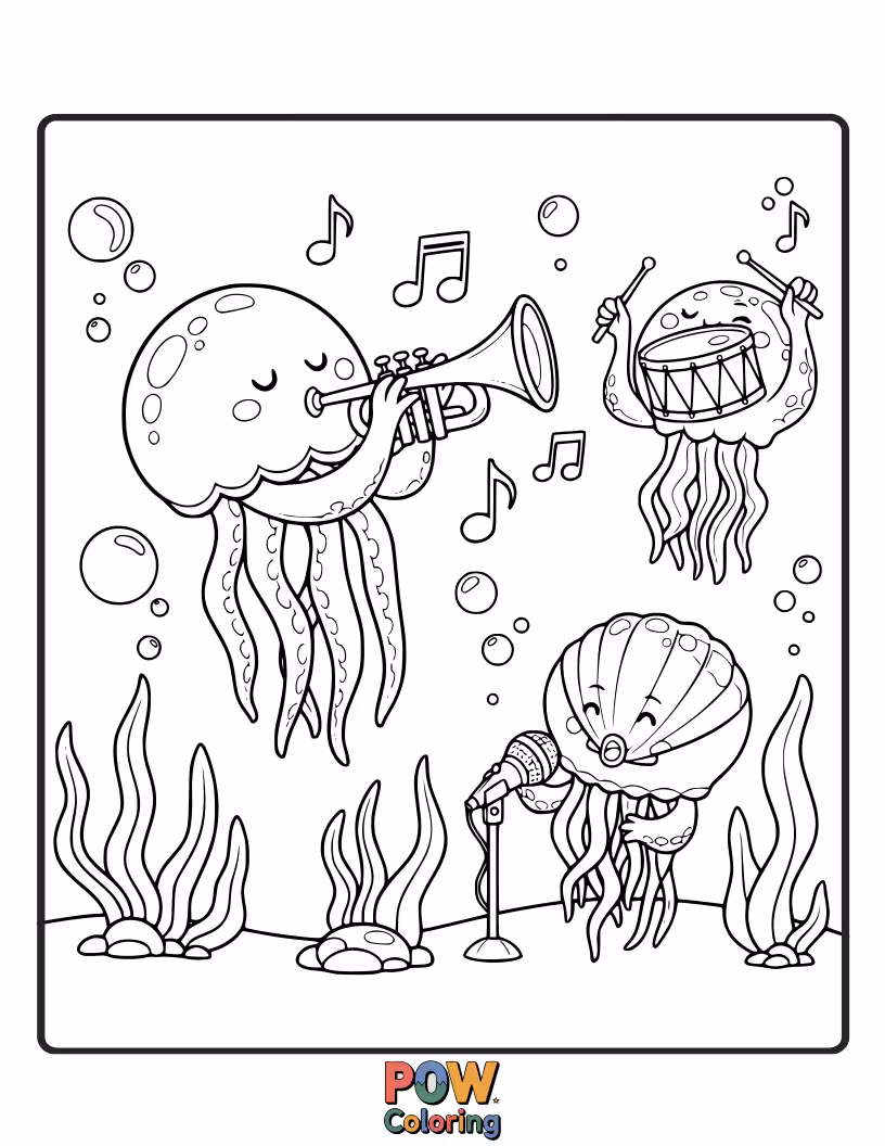 Free coloring page of Jellyfish of various shapes and sizes playing different musical instruments, creating an underwater symphony. A unique artistic vision.