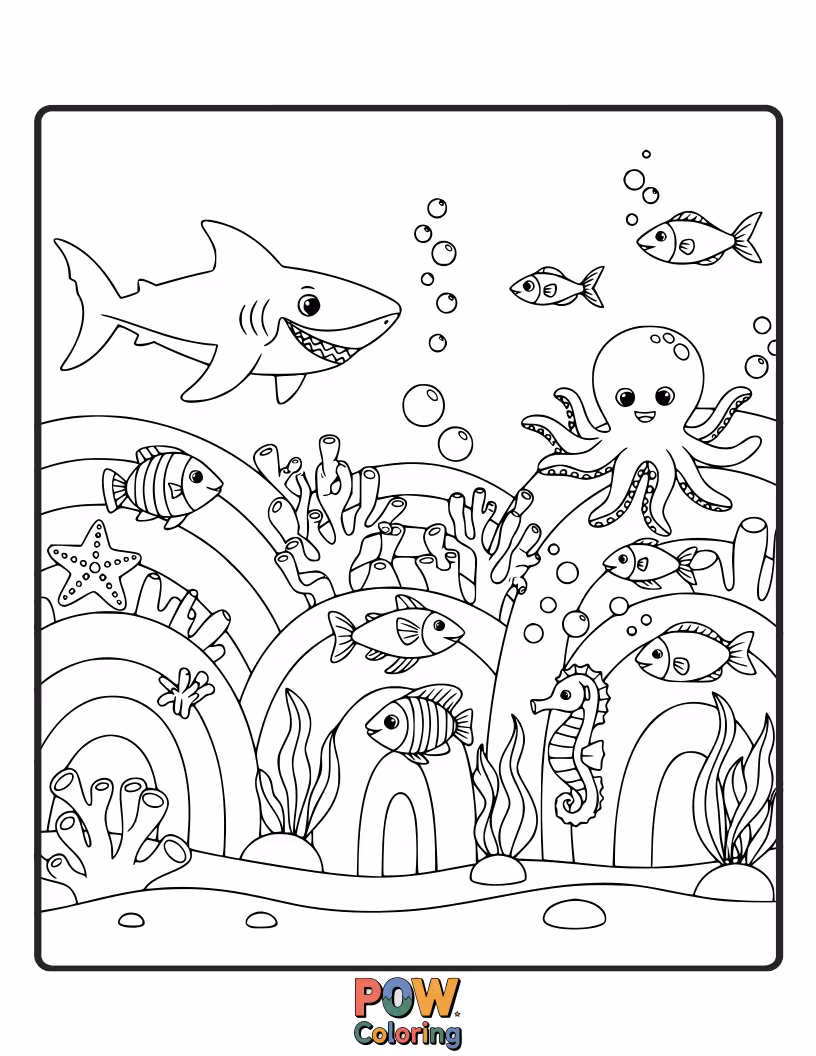 Free coloring page of A vibrant coral reef bursting with every color imaginable, teeming with diverse and happy sea creatures. A visual feast.