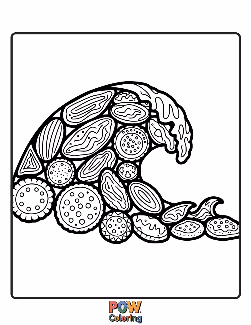Free coloring page of Delicate cookies shaped like swirling ocean waves, adorned with edible pearls and seashells. Dive into artistic tranquility.