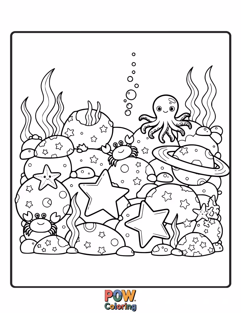 Free coloring page of A dark, deep ocean scene with glowing bioluminescent creatures creating intricate patterns on the sand. Mysterious beauty.