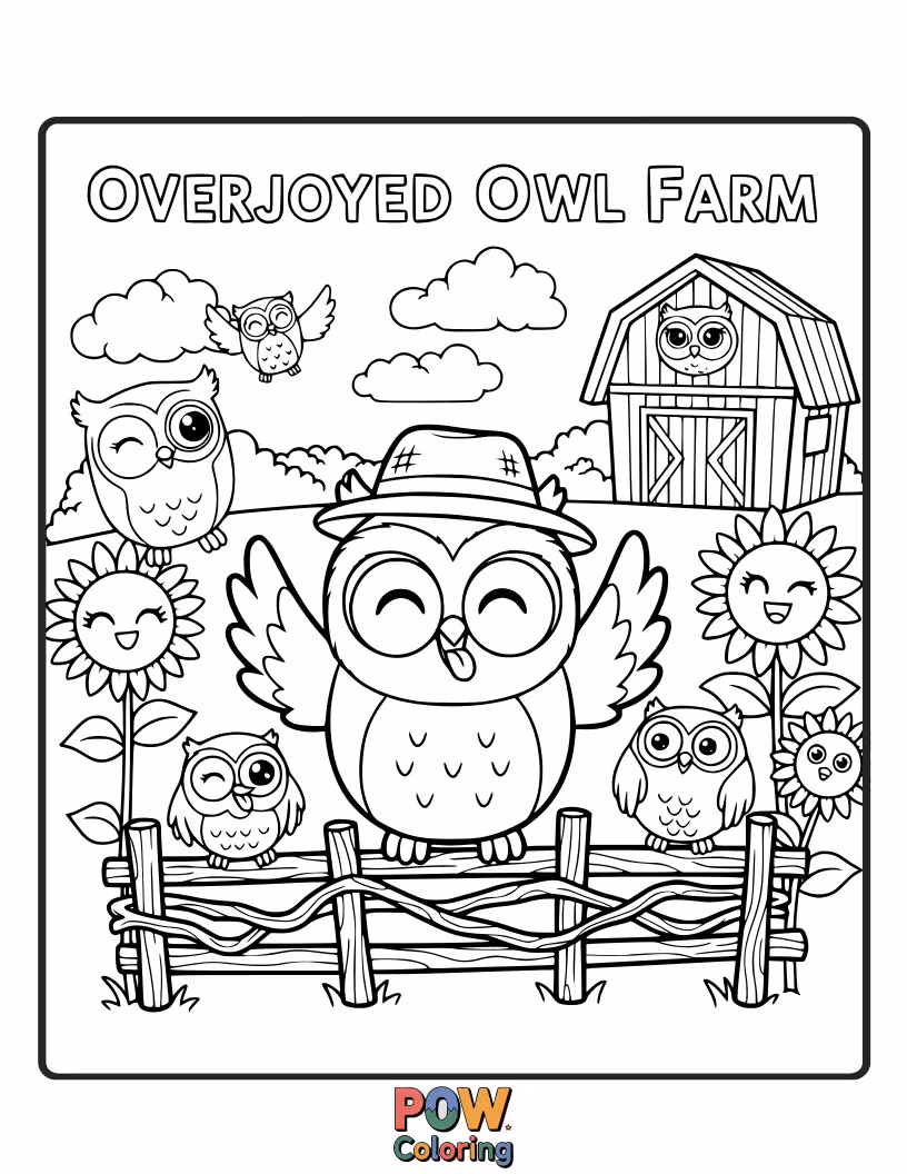 Free coloring page of A wise and overjoyed owl watching over all the happy happenings on the farm.