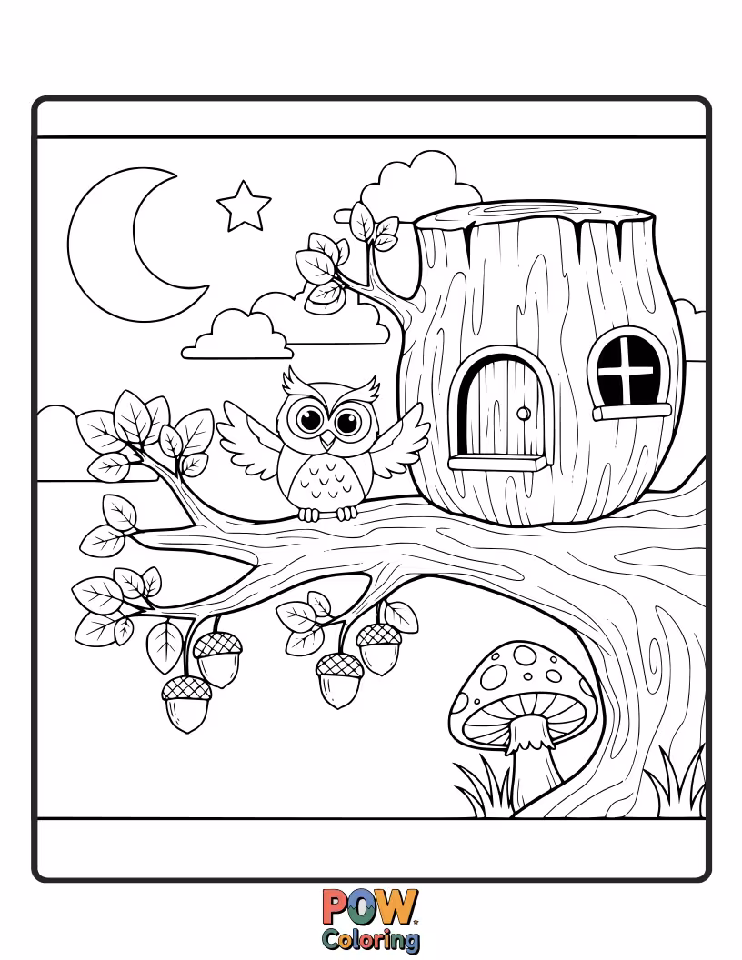 Free coloring page of A wise old owl sitting atop a whimsical house shaped like a book, with tiny spectacles on. Scholarly and cute!
