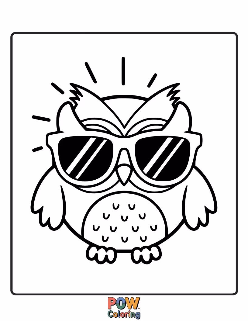 Free coloring page of A wise owl adorned with sophisticated sunglasses, bringing intelligence and style.