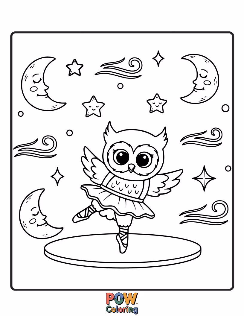 Free coloring page of A wise owl in a feathered tutu perches on a branch, practicing elegant poses under the moonlight. Hooting elegance!