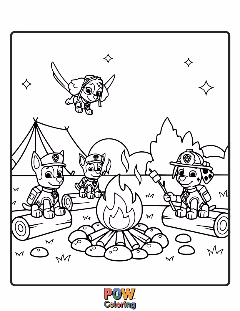 Free coloring page of Ryder and the pups gather around a friendly bonfire, roasting marshmallows and sharing stories under the starry sky.