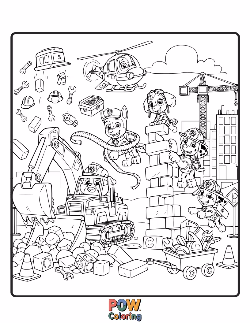 Free coloring page of The pups are on a building mission, using their unique skills to construct something amazing for the town.