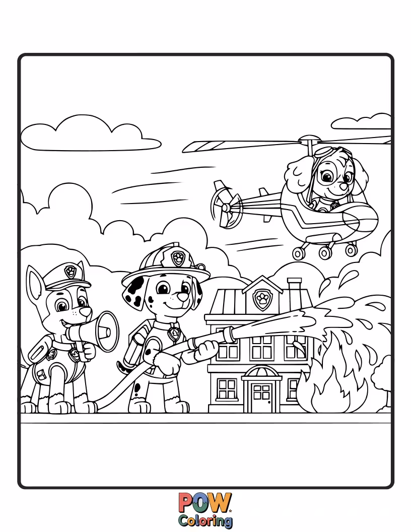 Free coloring page of Marshall and the pups are heroes at the fire station, polishing their truck and practicing their brave poses.