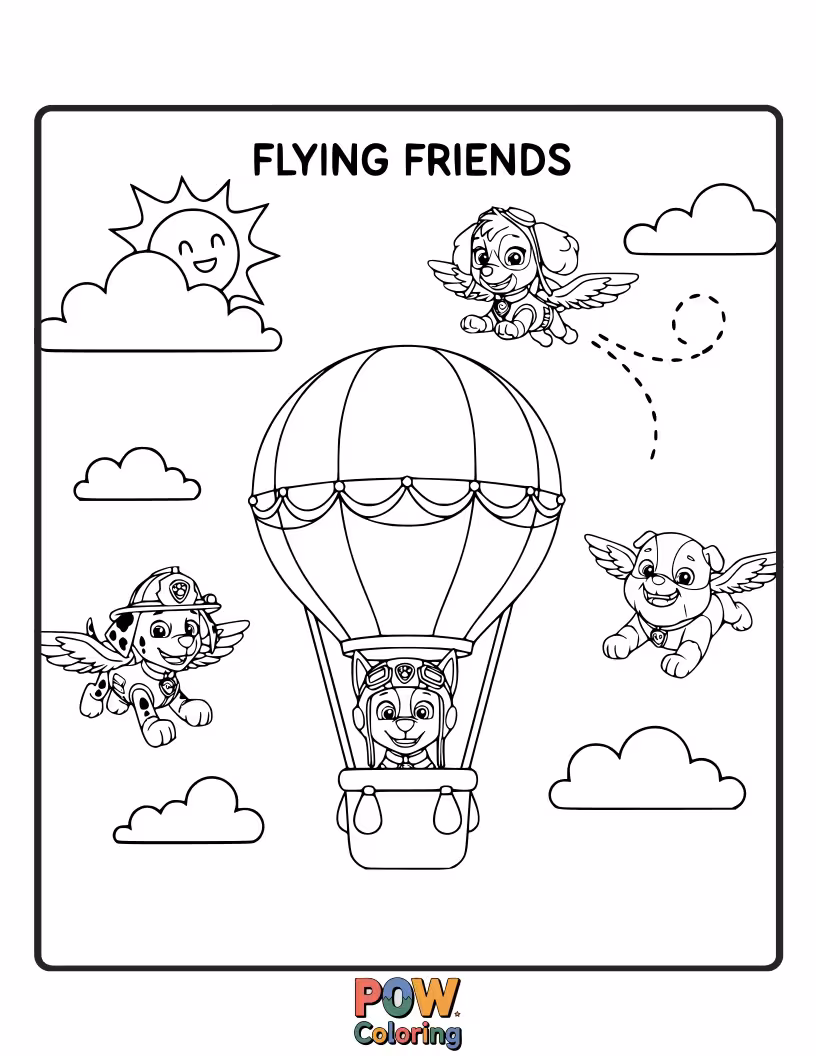 Free coloring page of The pups are making new friends with a flock of colorful birds, soaring through the bright blue sky.