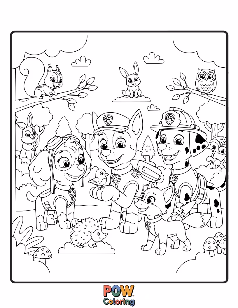 Free coloring page of The pups are helping lost forest animals find their way home, surrounded by tall trees and woodland creatures.