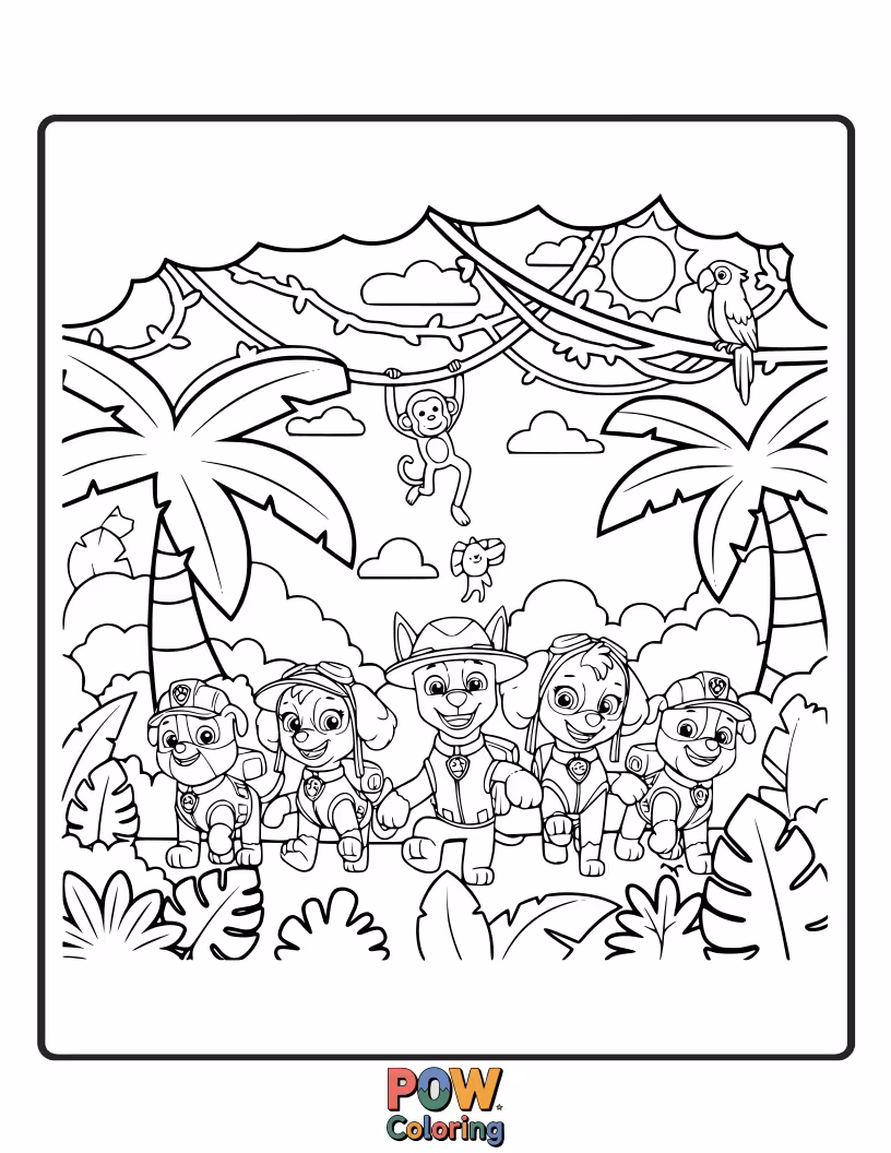 Free coloring page of Join the pups on a wild safari, encountering friendly jungle creatures and navigating through lush, green foliage.