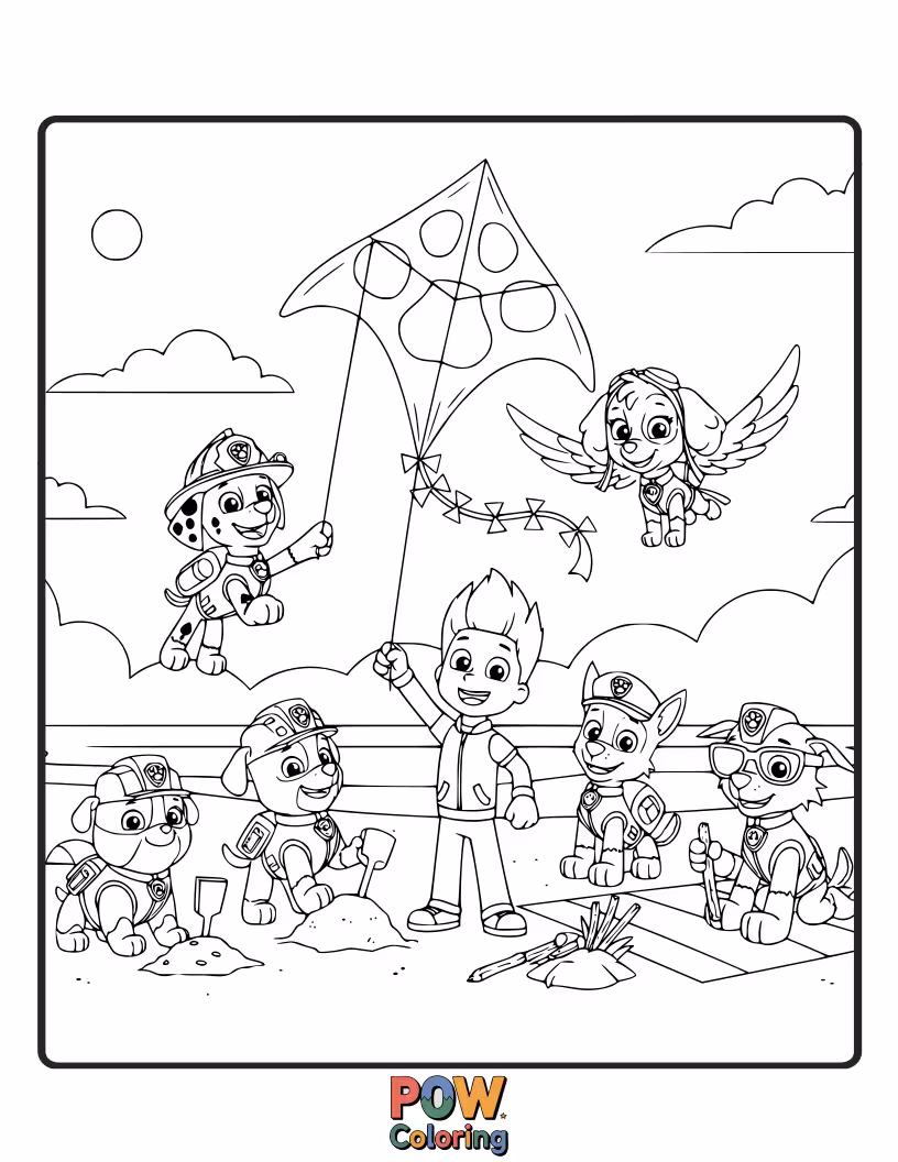 Free coloring page of The pups are having a breezy day at the park, racing to get their colorful kites as high as possible.