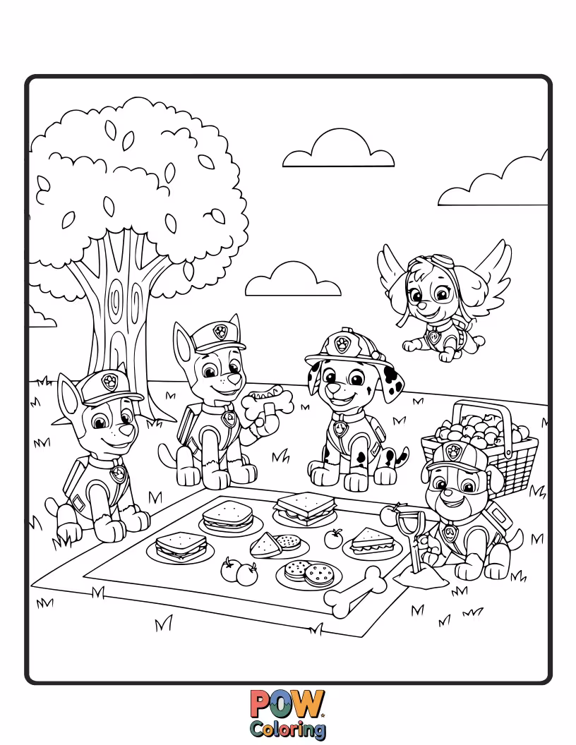 Free coloring page of Enjoy a delightful picnic with the Paw Patrol, filled with yummy snacks and happy smiles in a sunny meadow.